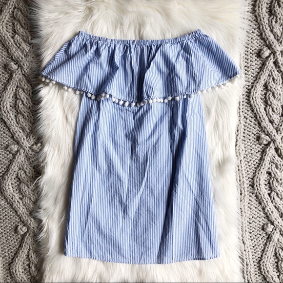 Forever 21 Dresses & Skirts - Blue striped Pom Pom off the shoulder dress